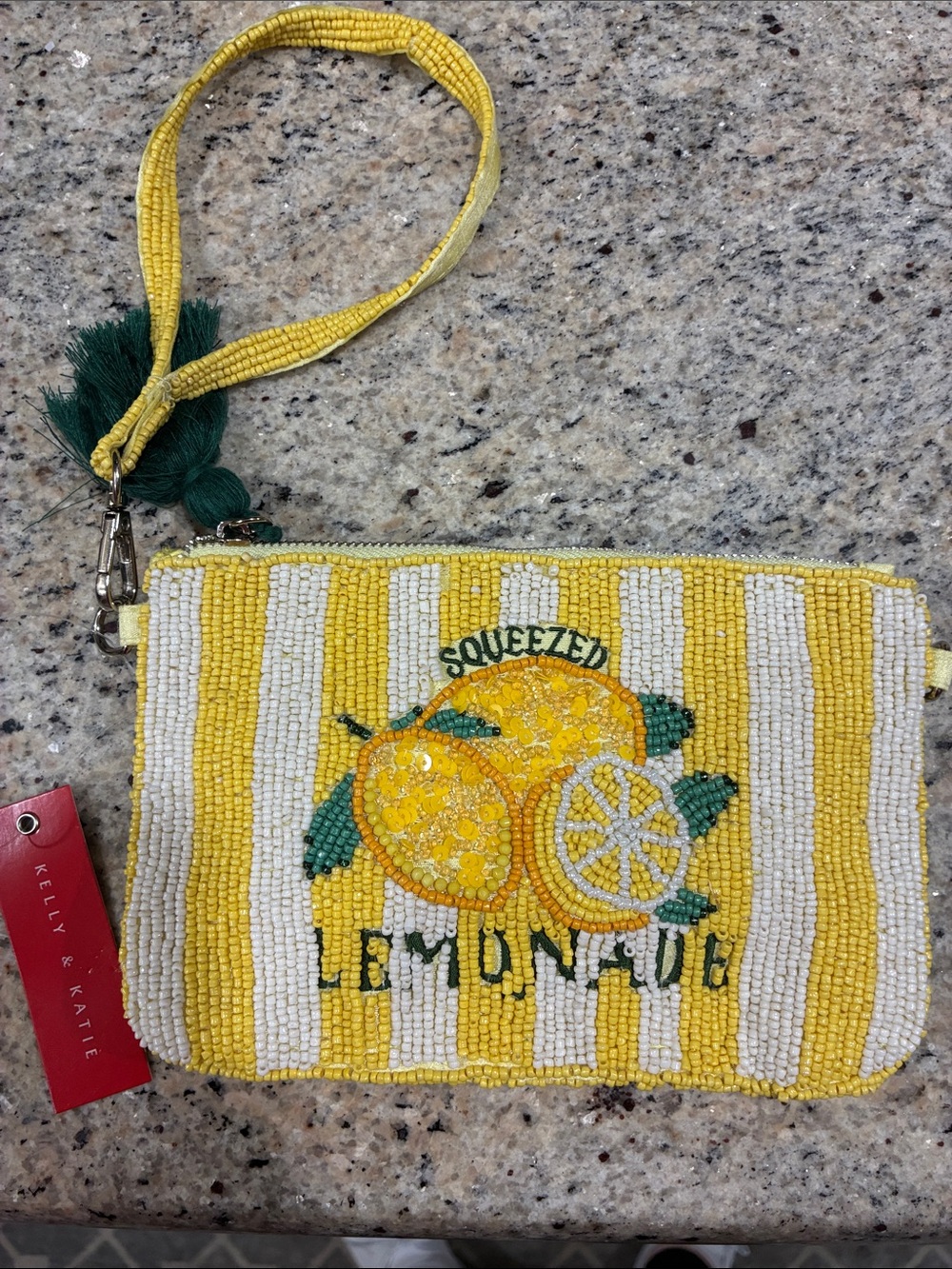 Kelly & Katie Yellow and White Beaded Lemon Wristlet with Tassel